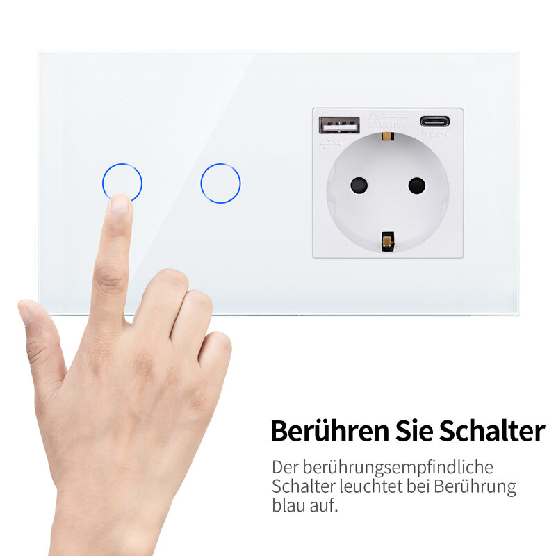 DAJIMEI USB Type-C Interface Outlet Single Double EU Socket with Wall Light Touch Switch 1/2/3/4Gang 1/2Way Glass Panel