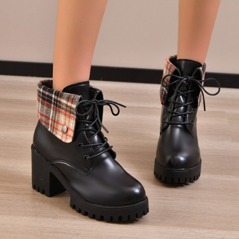 Shoes Female 2023 New Lace Up Ankle Women's Boots Platform Modern Boots Women Turned-over Edge Round Toe Chunky Heel Shoes Women