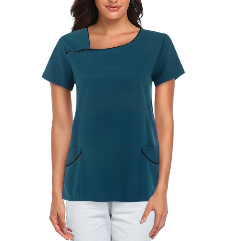 Damska koszulka z krótkim rękawem z dekoltem w serek i dekolt dla pracowników w jednolitym kolorze luźna wygodna bluzka prostota damska strój pielęgniarki