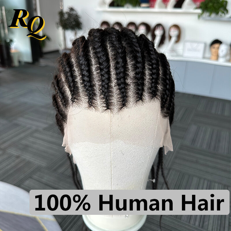 Wig kepang rambut manusia 11 trek Wig kepang renda penuh rambut kepang tanpa simpul Cornrow untuk pria wanita bagian sistem pengganti rambut