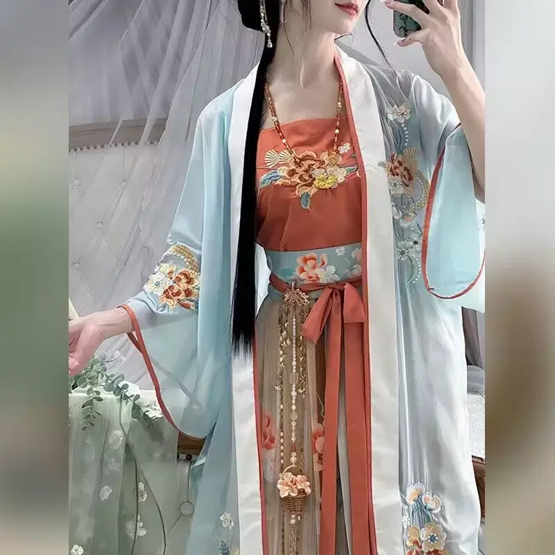 한푸 원피스 중국 전통 자수 요정 코스프레 코스튬, 베이지 및 블루 고대 한푸 세트, 여성 플러스 사이즈 XL