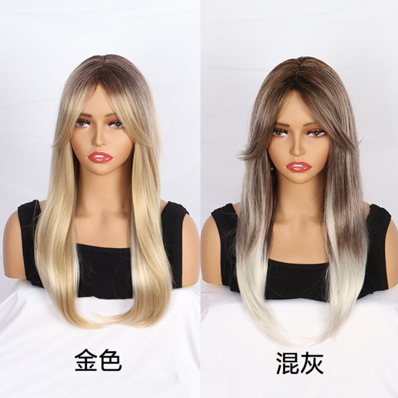 Oblique bangs wig long straight hair end curls high temperature wire head covering gradient blonde colour