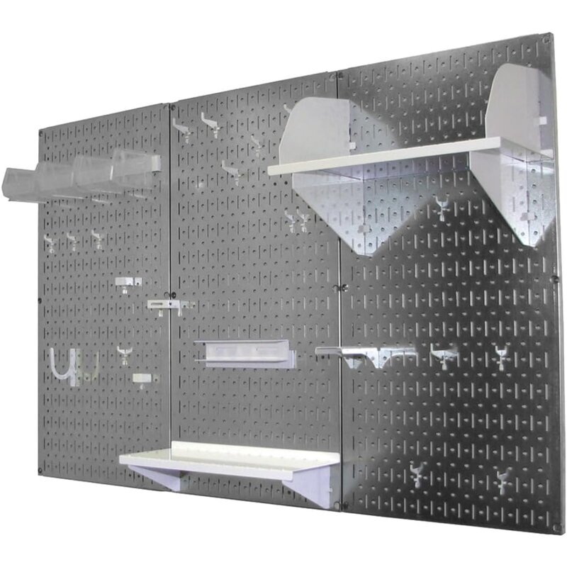 Pegboard Organizer ścienny 4 ft. Płyta pilśniowa metalowa standardowy zestaw przechowywanie narzędzi z galwanizowaną tablicą narzędziową i białymi akcesoriami