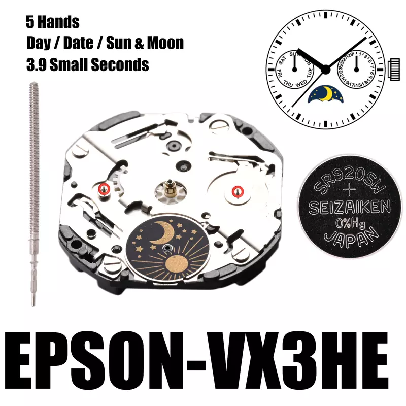 Epson、vx3hの多機能ムーブメント、動き、太陽と月、vx3he、vx3シリーズ、3.9小さな秒、サイズ10、1/2インチ、日、5つの手