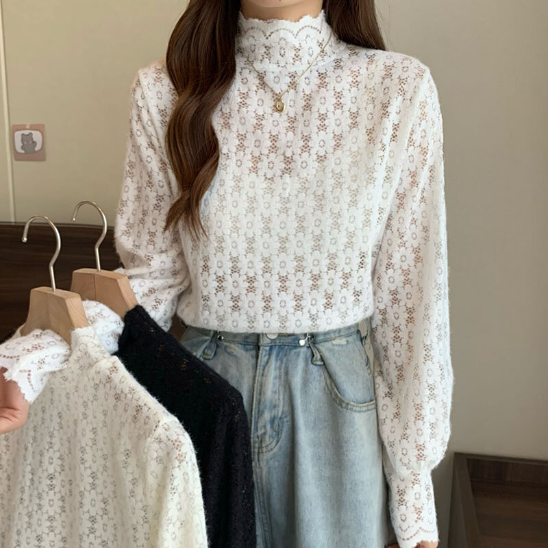 Actual shooting of 2022 autumn women's clothing: lace temperament with foreign style half high collar long sleeve top (female)