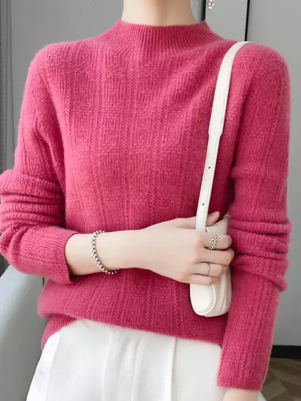 Sweater atasan wol wanita lengan panjang, Atasan pakaian rajut dasar lembut wol Merino 100%, Pullover lengan panjang leher Mock, Sweater musim gugur musim dingin