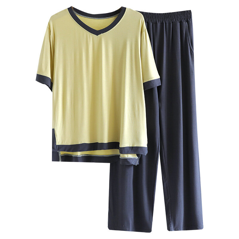 Pijama com decote em v confortável para mulheres, combinando cores, mangas curtas, calças compridas, roupa para casa modal fina, macia e confortável
