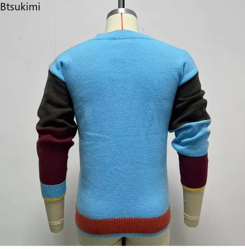 Neue 2024 Herren lässig Patchwork Farbe Strick pullover Herbst Winter Pullover männliche V-Kragen warme Pullover Party kleidung für Männer