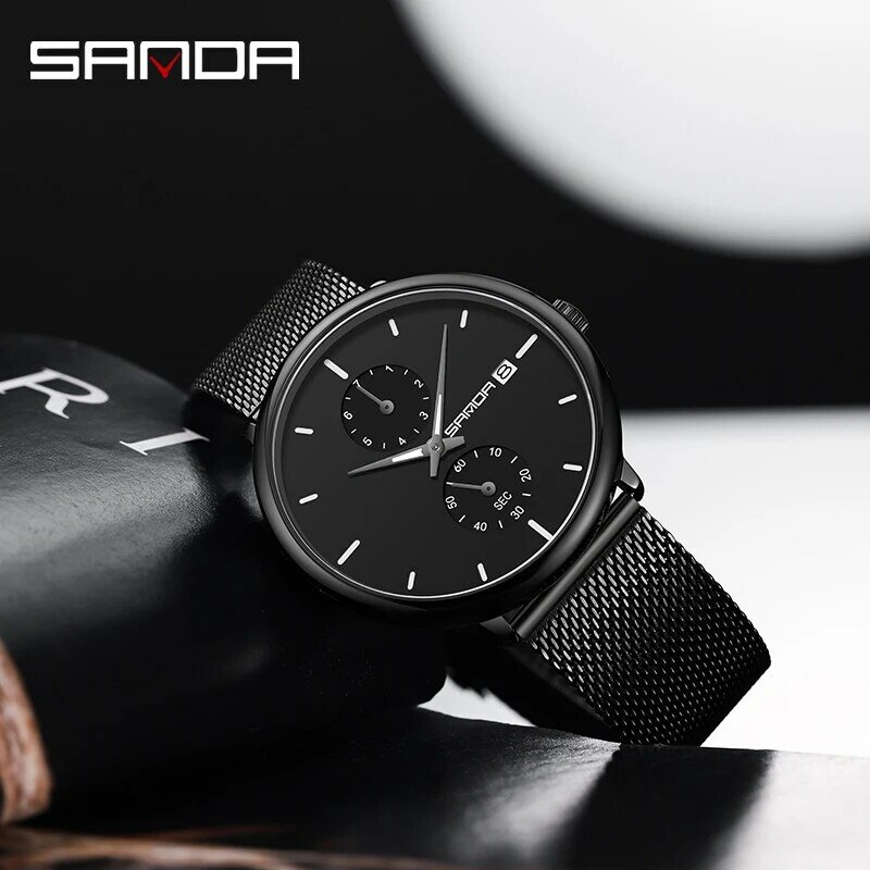 Sanda-ساعة كوارتز مضادة للماء للرجال ، الصلب والجلود ، عادية ، ضئيلة ، شبكة ، العلامة التجارية العليا ، الفاخرة ، الرياضة ، والأزياء