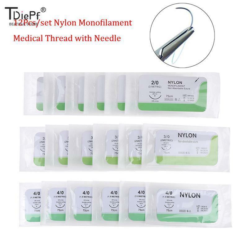 12PCS 2.0/3.0/4.0 Needle Suture Nylon Monofilament Non-injured Suture Medical Thread Suture For Medical Surgical Suture Practice