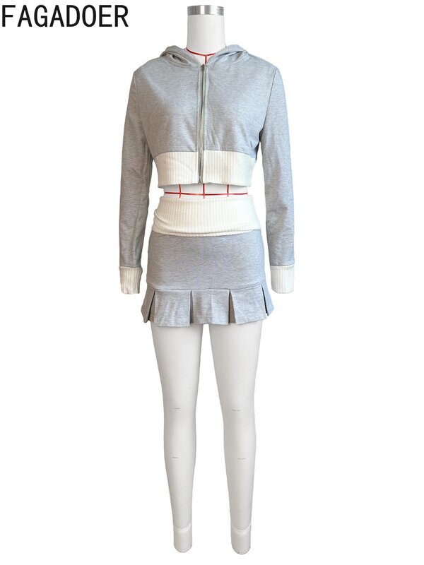 Fagadoer-zíper com capuz de manga comprida feminina e mini saias plissadas, emendando cor, streetwear, moda