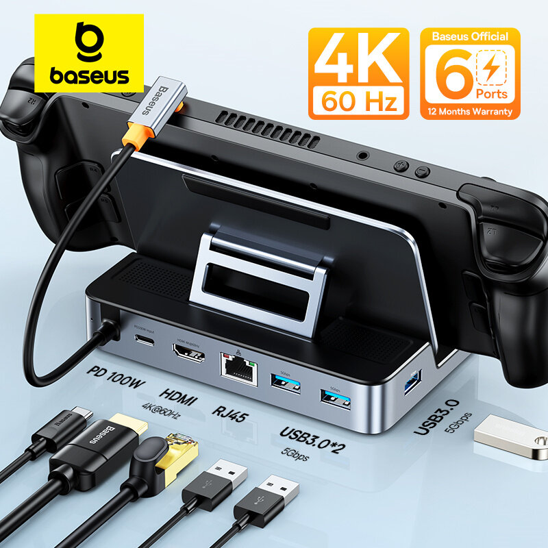Baseus-estación de acoplamiento USB C para Steam Deck Nintendo Switch, concentrador USB 100, compatible con HDMI, 4K @ 60Hz, RJ45, PD, 3,0 W