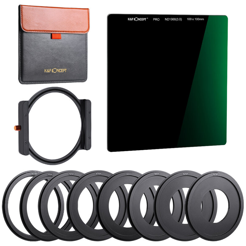 K & F Concept-Kit de filtro cuadrado ND ND1000 (10 topes), 8 anillos adaptadores y 1 soporte de filtro Mental con estuche de transporte