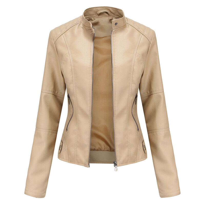 Кожаная женская куртка, тонкая куртка на весну и осень, Байкерская одежда, кожаная куртка большого размера с воротником-стойкой