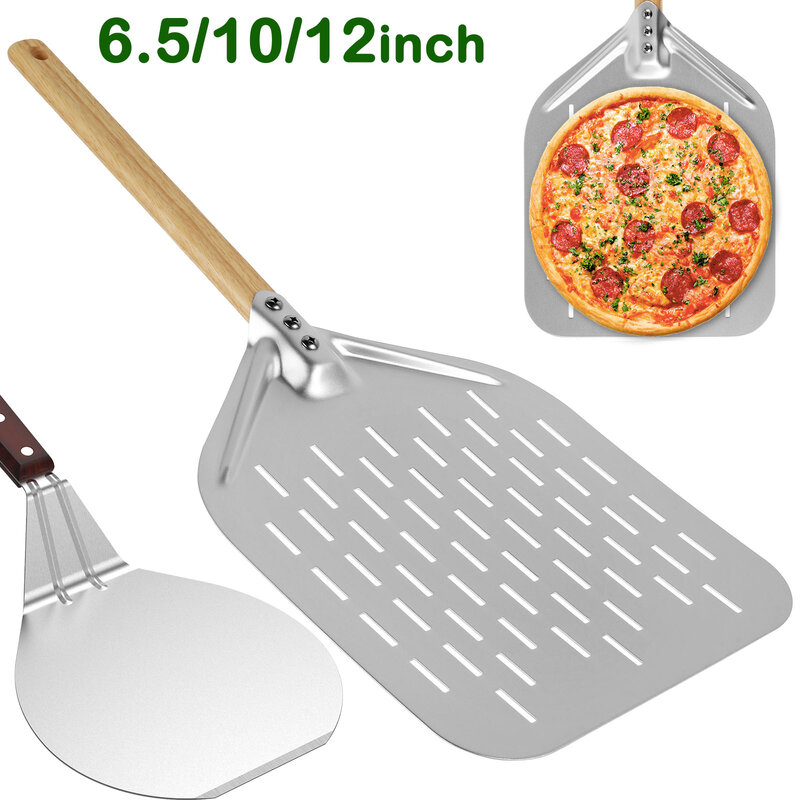 6.5/10/12inch Pizza Shovel Metal Non-Stick Pizza Peel with Wood Handle Cake Lifter Transfer Tray for Homemade Baking Pizza Bread