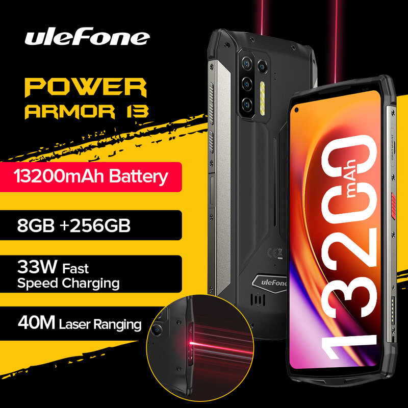 Ulefone Power Armor 13 13200mAh ponsel 256GB, ponsel pintar Android 12 tahan air 6.81 "2.4G/5G WLAN NFC Global
