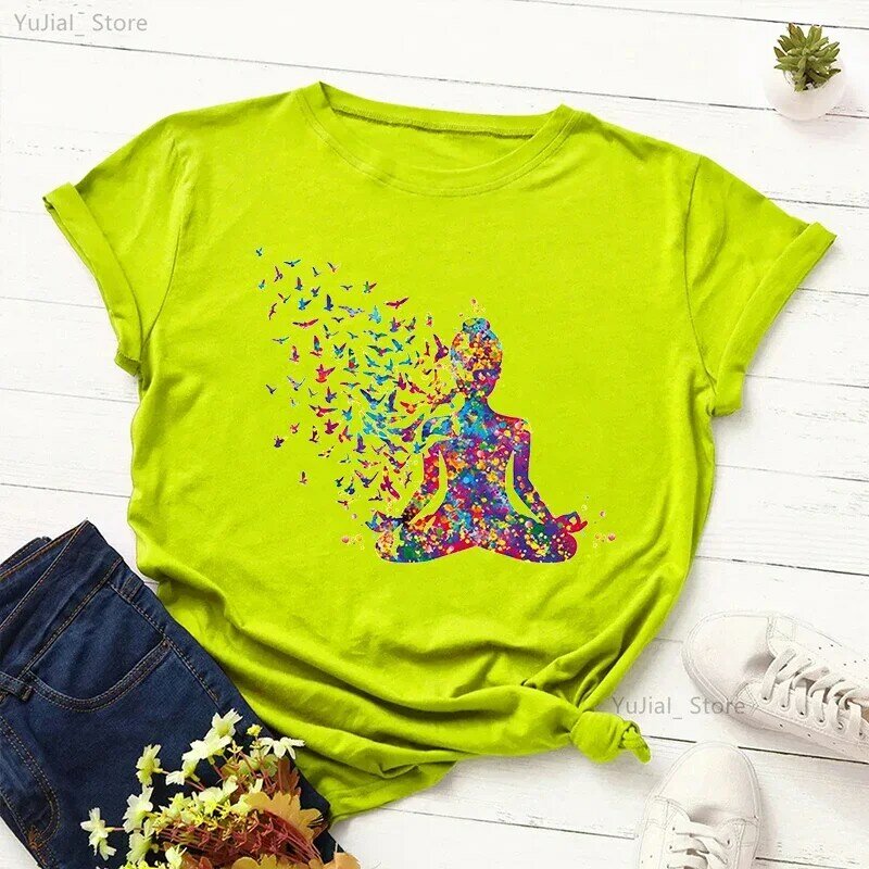 Camiseta con estampado de mariposa de meditación de acuarela para niñas, divertida camiseta gris/verde/amarillo/rosa/Negro/Blanco, Tops de verano para mujeres