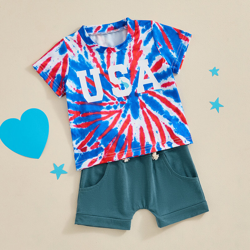 VISgogo Baby Boys Clothes Shorts Set Short Sleeve Letters Print T-shirt with Elastic Waist Shorts Summer Outfit for 4th of July
