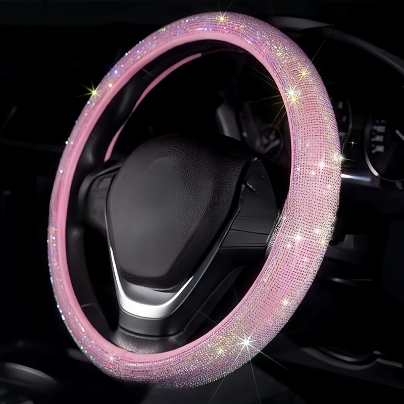 Penutup roda kemudi kulit, pelindung roda mobil 15 inci Universal cocok berlian imitasi kristal Bling untuk wanita
