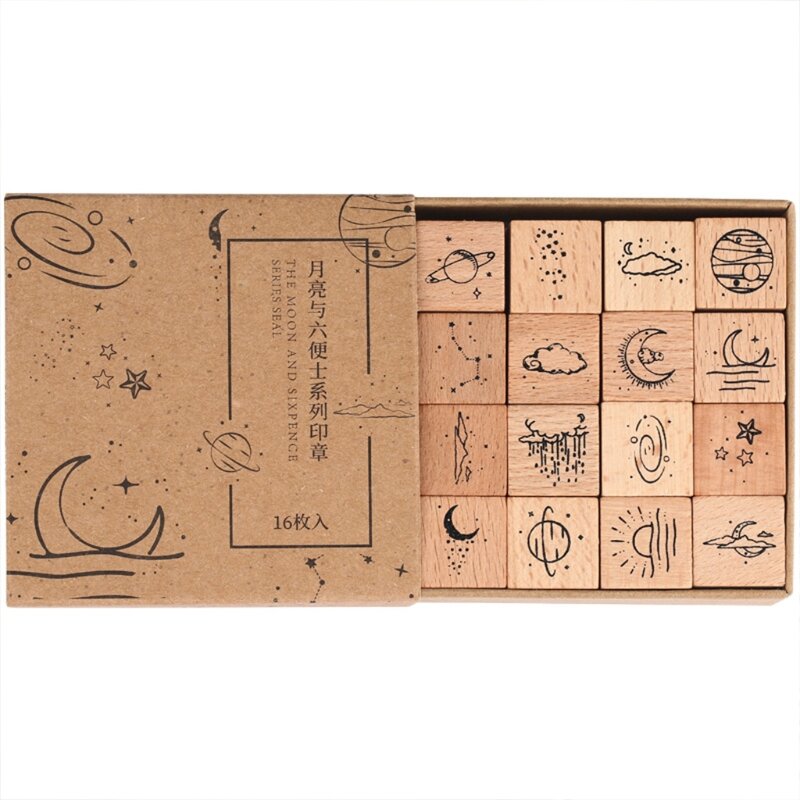Set Stempel Karet Planet Kayu 16cs untuk Pembuatan Kartu Kerajinan DIY Buku Pegangan Segel Dekoratif Buku Tempel Antik