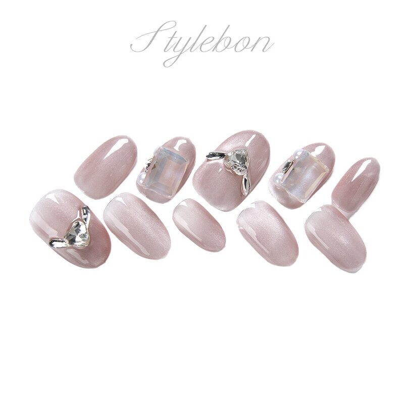 Handmade Nail Pink Diamonds Cat Eye Short Press on Acrylic Nails Oval Full Cover Reusable Stick-on Fake Nail with Glue