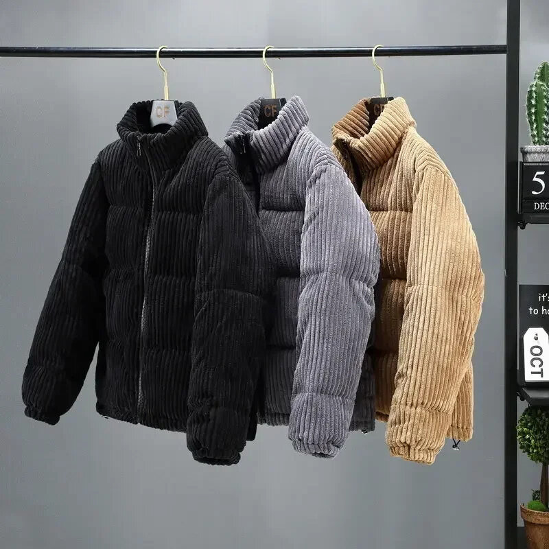 Jaqueta puffer de veludo vintage masculina, roupa quente grossa, parka casual, gola solta, casaco acolchoado de algodão, zíper, inverno