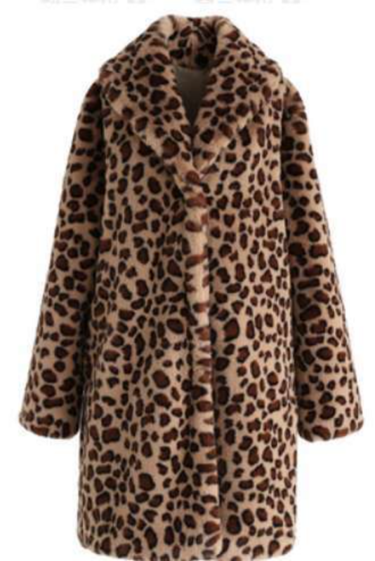 Mantel Macan Tutul untuk Wanita Mantel Bulu Palsu Panjang Wanita