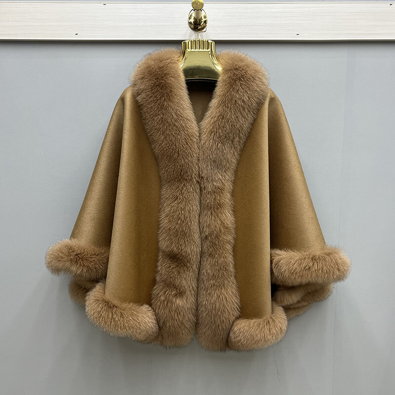 Chaqueta de lana 2023 para mujer, chal cálido con cuello de piel de zorro Real, Ponchos, prendas de vestir, otoño e invierno, 100%