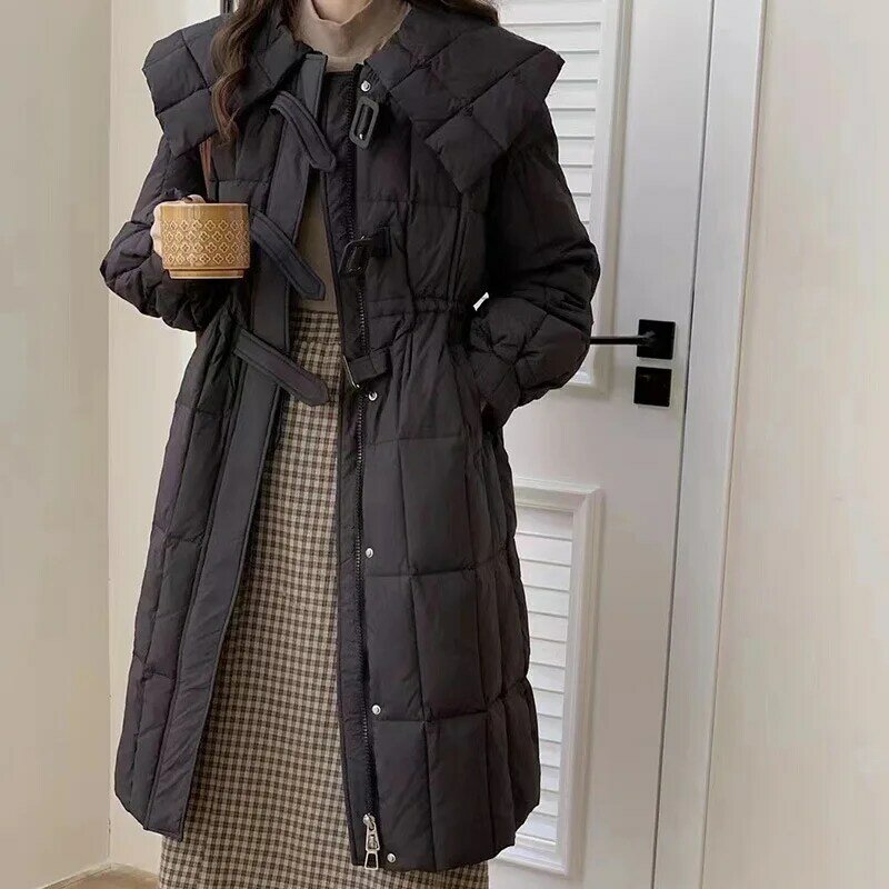 여성용 시크한 세일러 칼라 긴 소매 화이트 덕 다운 루즈 코트, 레이디 스트리트웨어, 가을 겨울, 보온 패딩 아우터
