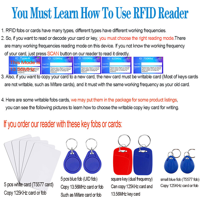 Leitor RFID Escritor Duplicador, 10 Frequência, NFC Smart Card Programador, 125KHz, 13.56MHz, Decodificador Criptografado, Cartões Chave Graváveis, USB