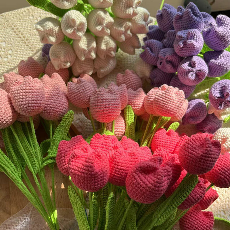 DIY Knitting Bouquet Rose Flower Bouquet Sunflower Hand-Knitted Fake Flowers Knit Flower Home Table Crochet Floral Bouquets