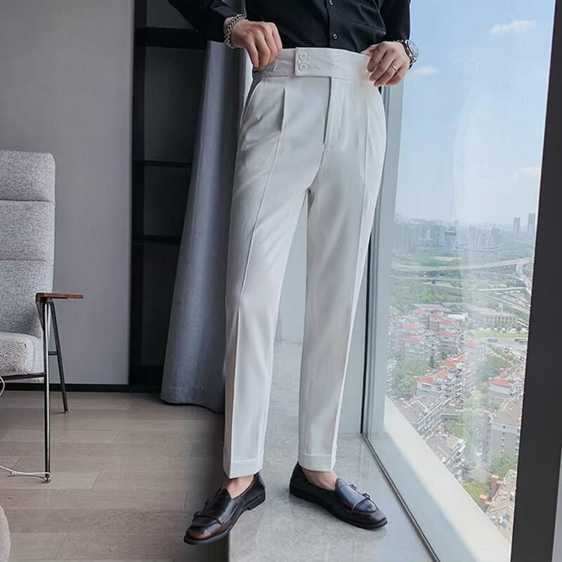 Calças vintage de perna reta masculinas, calça de cintura alta, terno de negócio slim fit, tecido respirável macio, calça clássica