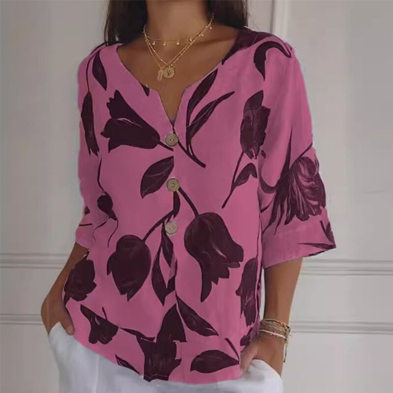 2024 new printed cotton linen shirt short sleeved pullover V-neck shirt spring/summer casual women's clothing