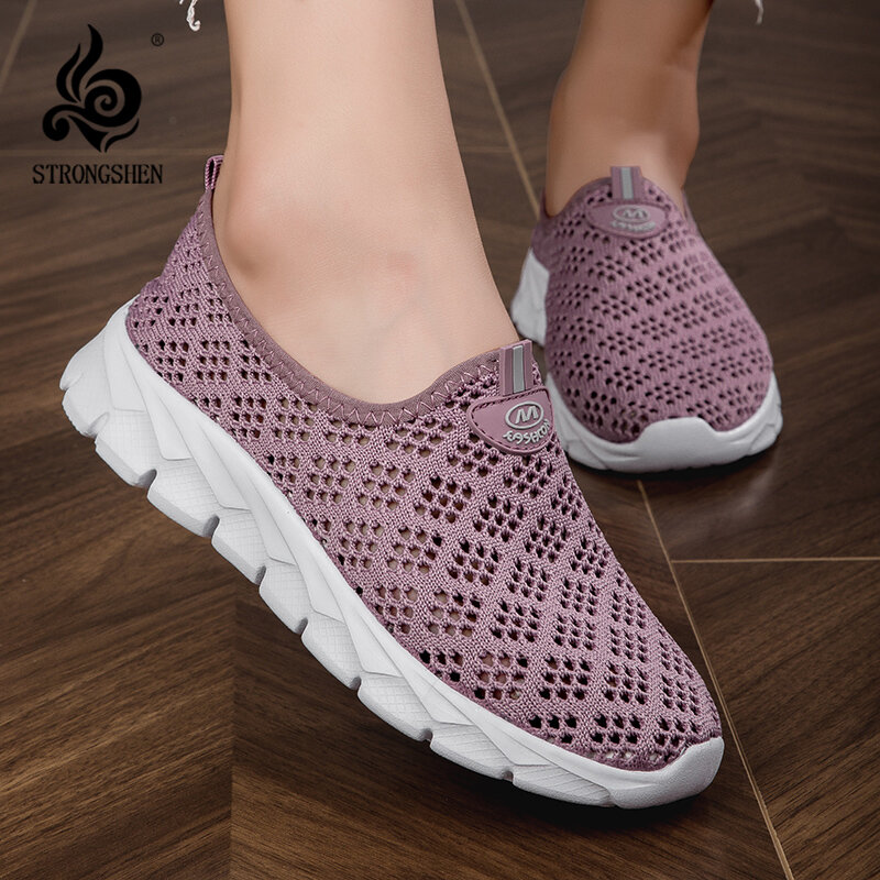 STRONGSHEN-Zapatos planos informales De malla para Mujer, zapatillas deportivas cómodas y transpirables, sin cordones, para caminar, Verano