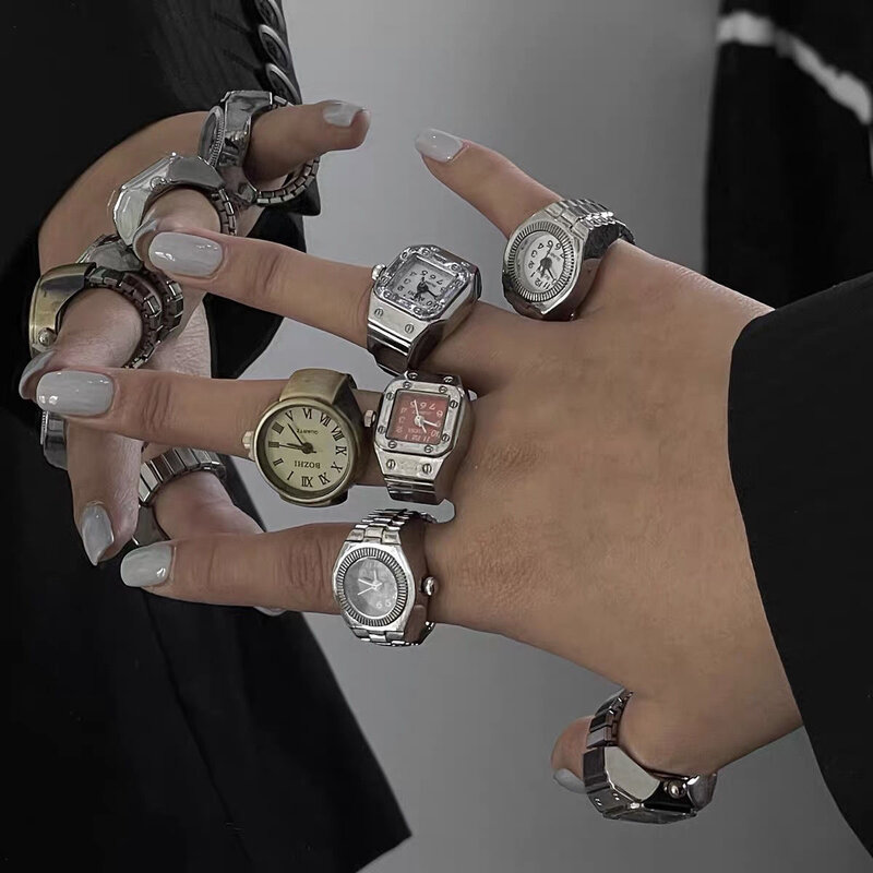 Mode Retro Mini Uhr Legierung Ring Uhr mit dehnbarem Armband, mehrfarbige Quarzuhr