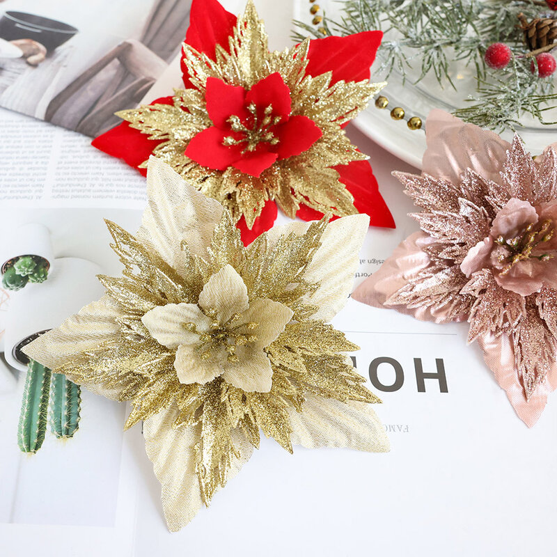 Flor de Navidad artificial con purpurina, corona de flores falsas en polvo dorado, adornos de árbol de Navidad DIY para el hogar, decoración de fiesta de año nuevo, 1 unidad