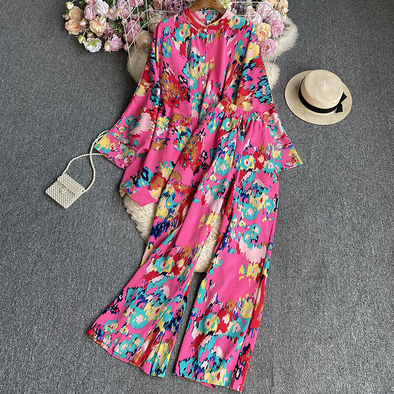 Модная одежда для дома, женские цветочные брюки, Пижамный костюм в стиле бохо, элегантные Макси рубашки, блузки, брюки с широкими штанинами, женский костюм из двух предметов