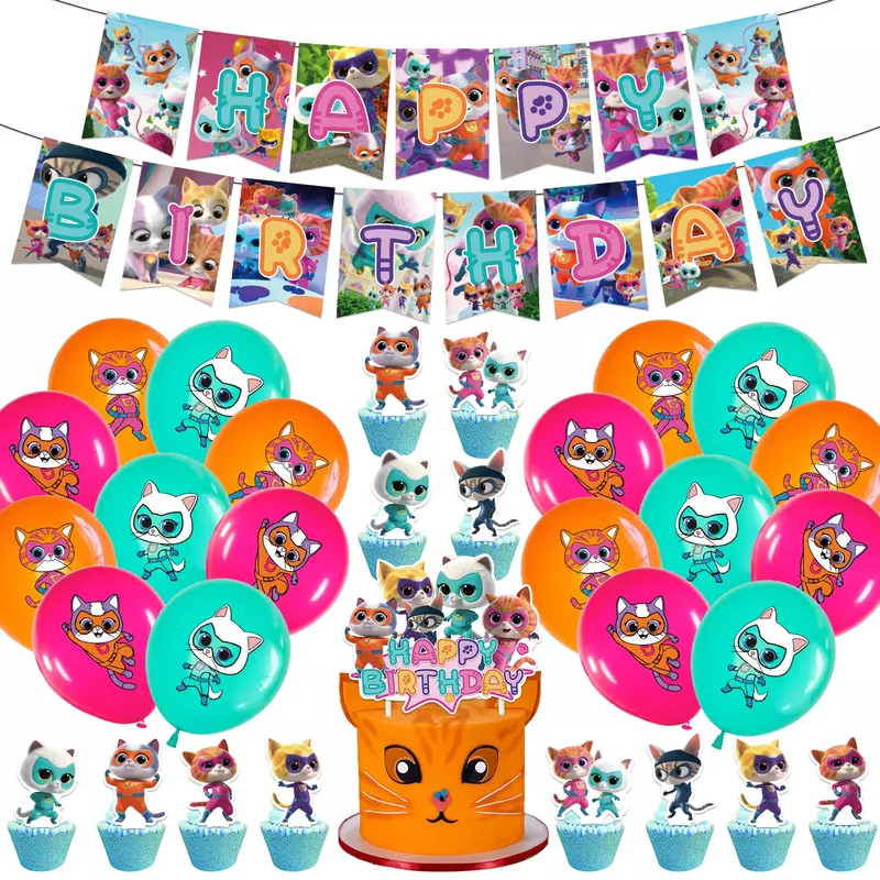 Kartun Superkitties dekorasi pesta ulang tahun Super Kitties peralatan makan balon kue Topper perlengkapan pesta Baby Shower