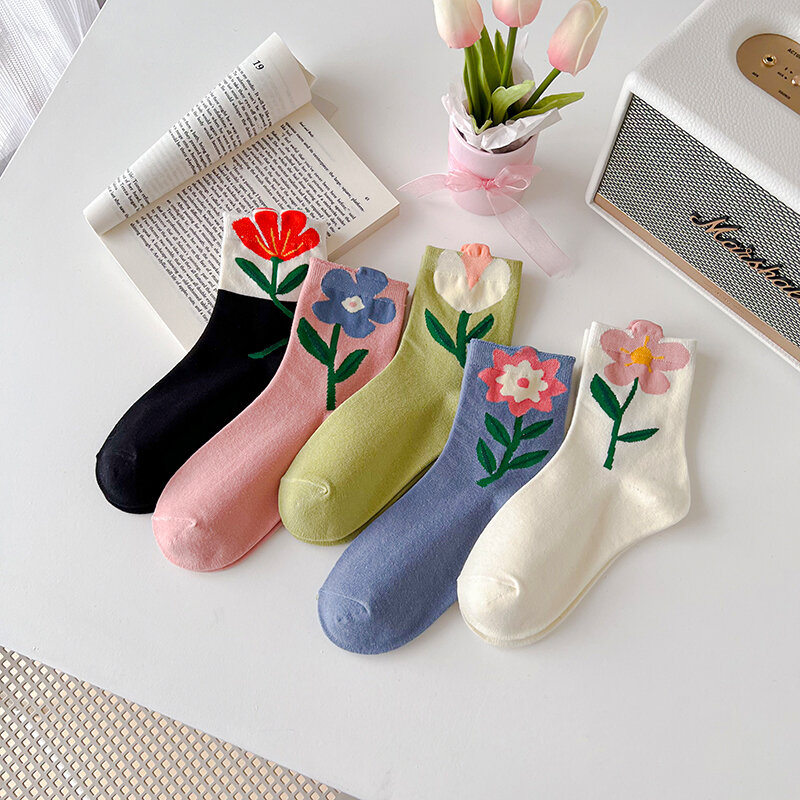 1คู่ถุงเท้าผู้หญิงญี่ปุ่นเกาหลีดอกไม้ Candy สี Harajuku Kawaii กลางหลอดถุงเท้าสั้นถุงเท้า
