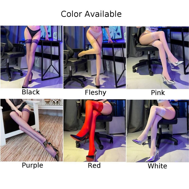 Stoking wanita erotis renda samping seksi setinggi lutut stoking tinggi warna Solid Ultra tipis pakaian dalam tembus pandang kaus kaki melar tinggi