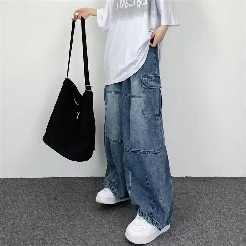 Lente en herfst vintage brede been grote zak overalls heren y 2k neutrale losse rechte been casual high street hiphop jeans