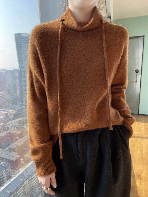 Свитер из мериносовой шерсти, Осень-зима, женский кашемировый вязаный пуловер с высоким воротником и длинным рукавом, однотонный Универсальный базовый топ, джемпер