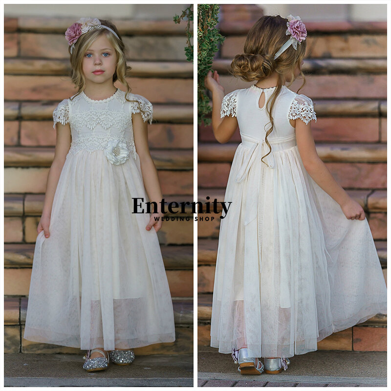 Boho Flower Girl O Neck A Line Wedding Party fur s, Cap Lace Sleeves, Birthday Party, Lined Rinse Length Gown, Player Communion fur s