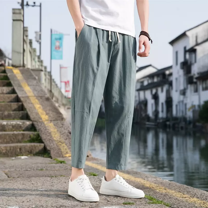 Pantalones informales para hombre, pantalón holgado de lino que combina con todo, tendencia de moda, novedad