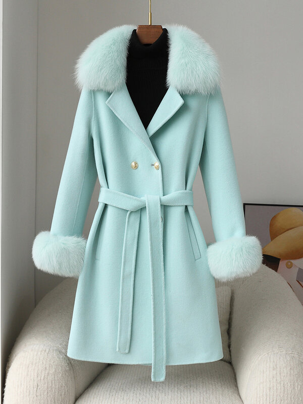 Double sided cashmere coat, women's double breasted medium length fur collar, Korean version slim fit high-end pure wool