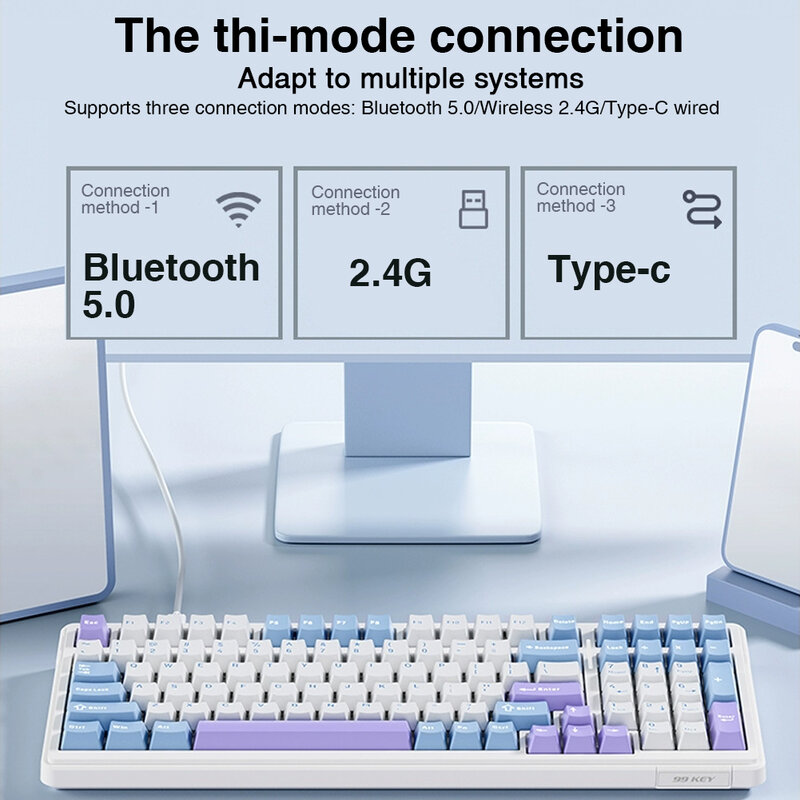 AULA F99 Keyboard Gaming mekanik Bluetooth 5.0/2.4G nirkabel/berkabel Keyboard Gaming 99 tombol Keyboard dapat disesuaikan