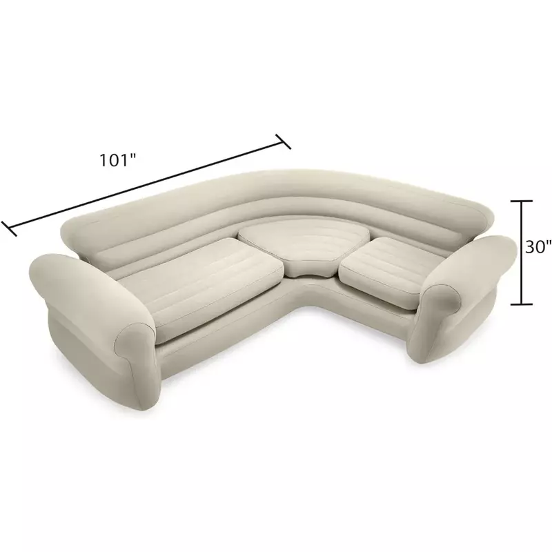 Sofá esquinero inflable, forma de L, uso interior, bronceado/gris, portavasos integrados para salas de estar domésticas