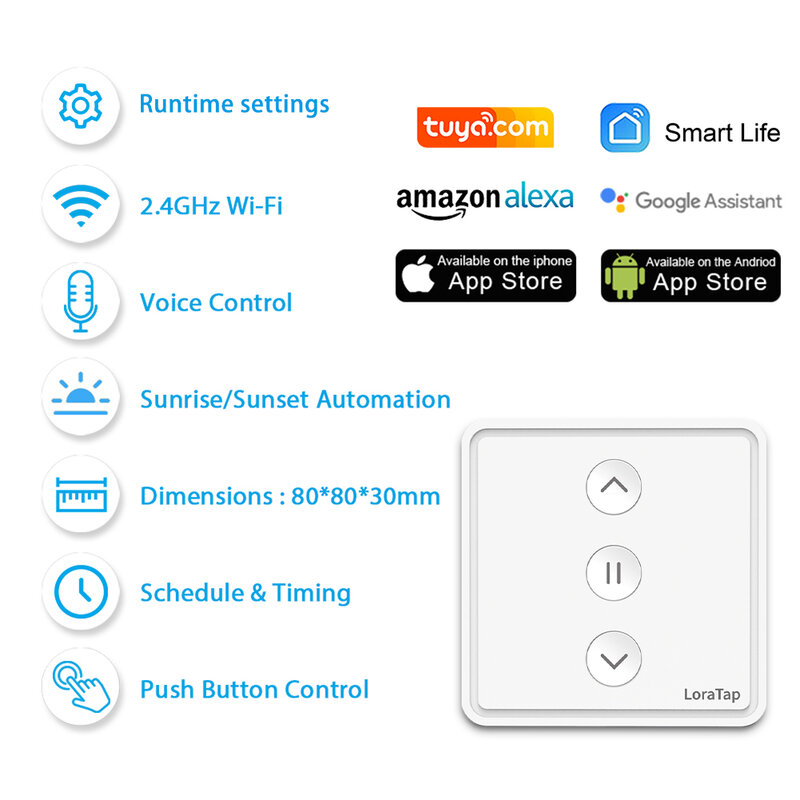 LoraTap-Interruptor de botón para persiana enrollable, Motor eléctrico para persianas, Tuya Smart Life, WiFi conectado, Alexa y Google Home