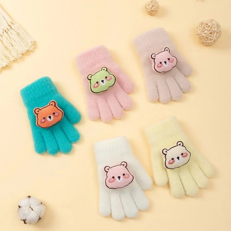 Bear sarung tangan bulu untuk bayi, sarung tangan rajut motif kartun warna polos manis, sarung tangan empuk jari penuh untuk anak perempuan
