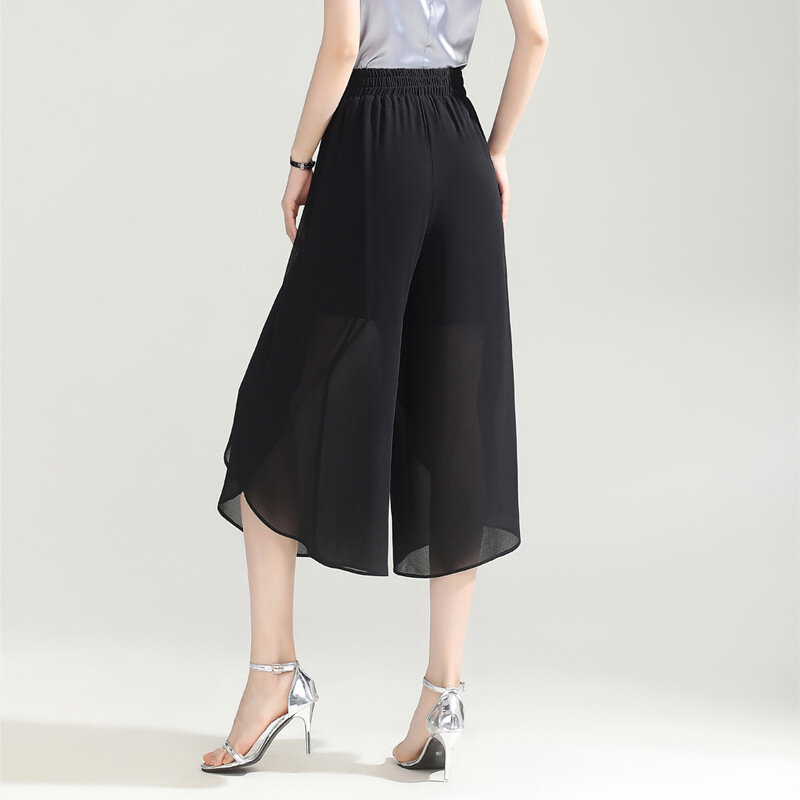 Летние тонкие шифоновые Капри 2024, ассиметричные широкие брюки-юбка, женские элегантные шикарные свободные эластичные готические брюки с высокой талией 8955